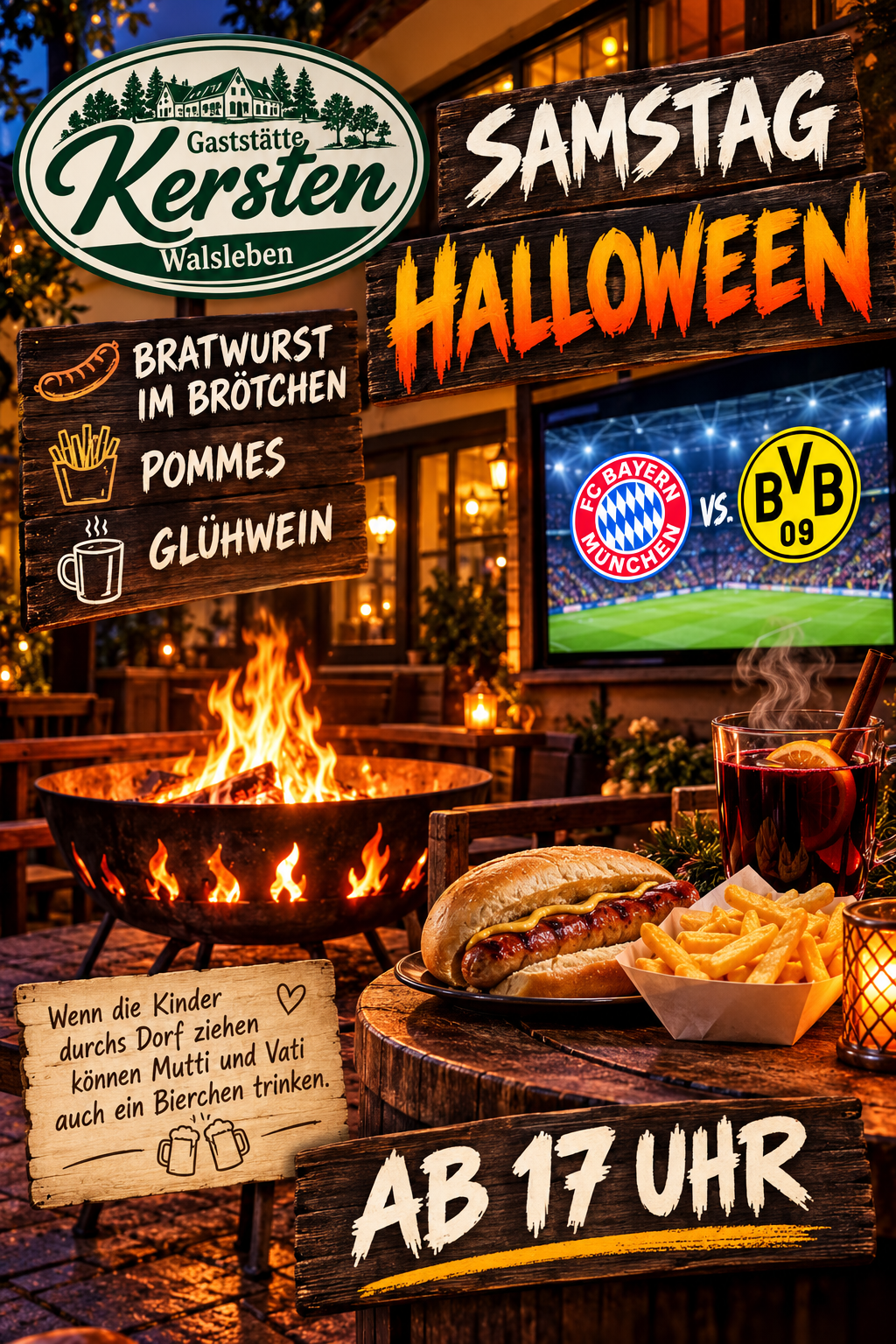 Halloween am Samstag ab 17 Uhr: Feuerschale, Bratwurst im Brötchen, Pommes, Glühwein und Fußball Bayern gegen Dortmund in der Gaststätte Kersten.